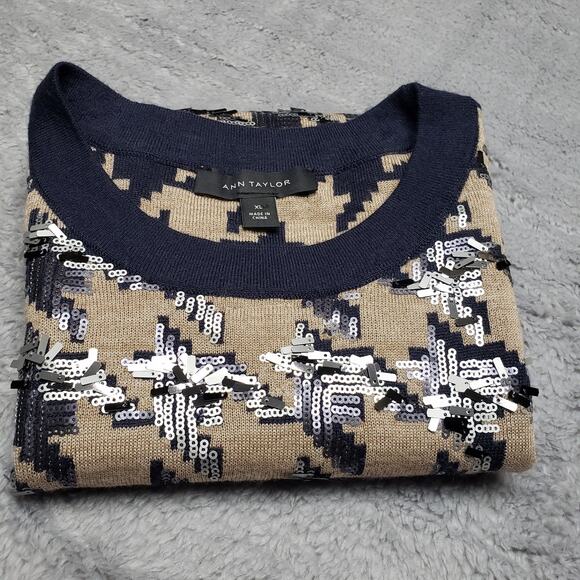 Ann Taylor Sweater Vest Size XL Sequined Houndstooth Knit Navy Beige Sleeveless - Picture 10 of 10